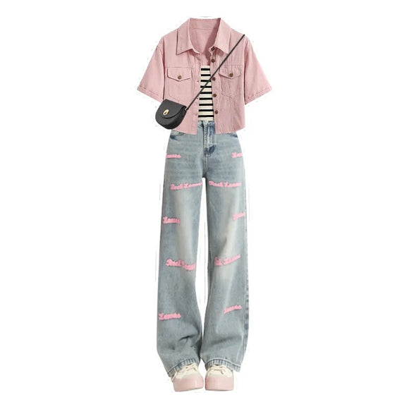 Conjunto de 3 Piezas: Chaqueta Denim de Colores con Tirantes Integrados y Jeans