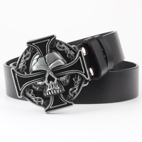 Cinturón de Cuero Puro con Diseño Calavera Casual