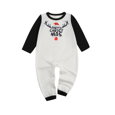 Christmas parent-child pajama set with a white and black raglan long-sleeved top featuring a 'Merry Christmas' reindeer graphic and red, black, and white plaid - Image 9