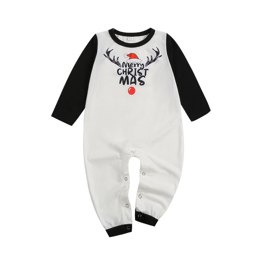 Christmas parent-child pajama set with a white and black raglan long-sleeved top featuring a 'Merry Christmas' reindeer graphic and red, black, and white plaid - Image 9