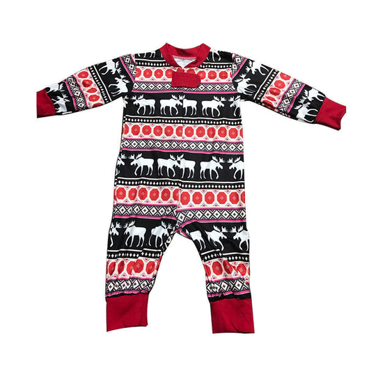 Red and black long-sleeve pajama set with a white moose graphic on the top and patterned moose pants. - Image 4