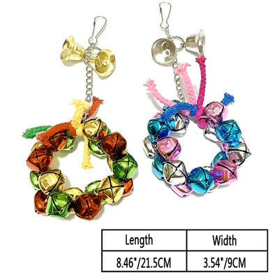 Red and green cotton rope parrot nibble toy with golden bells and a metal hook for bird cage attachment. - Image 2