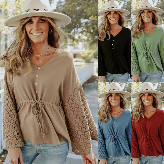 Blusa Larga de Gasa con Botones y Detalles Calados