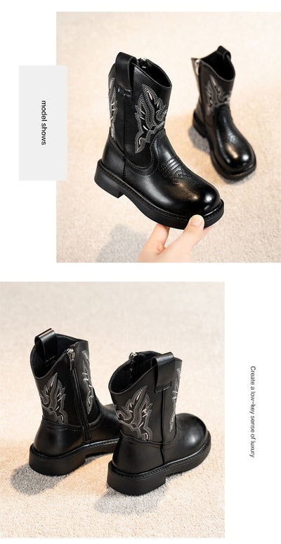 Girls' brown Martin boots with white ethnic embroidery, side zippers, and black soles, displayed on a light carpet. - Image 20