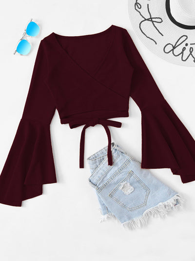 Blusa Crop Top Manga Murciélago Rojo Oscuro para Otoño e Invierno - Image 6
