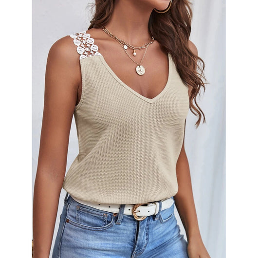 Chaleco de Algodón Gofrado con Cuello en V y Detalles de Encaje - Top Sleeveless de Verano - Image 4
