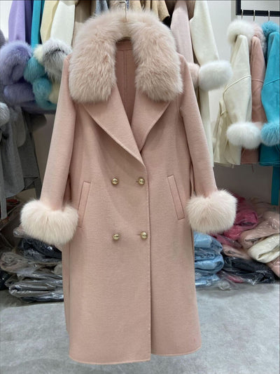 Abrigo Largo de Lana Doble Faz con Cuello de Piel de Zorro para Mujer - Image 4