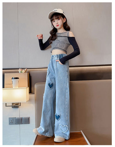 Pantalones Denim Anchos con Borde Crudo para Niñas - Image 14