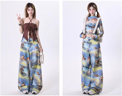 Pantalones Anchos con Estampado Artístico de Ángel y Gatito - Image 12