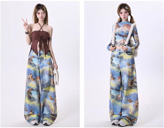 Pantalones Anchos con Estampado Artístico de Ángel y Gatito - Image 12