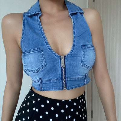 Top Sin Mangas Cuello Profundo Vintage Desgastado con Bolsillo y Cierre - Image 11