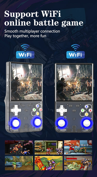 White handheld game console with a 4-inch HD screen, dual joysticks, and various buttons, shown with blue, black, and purple variants. - Image 27