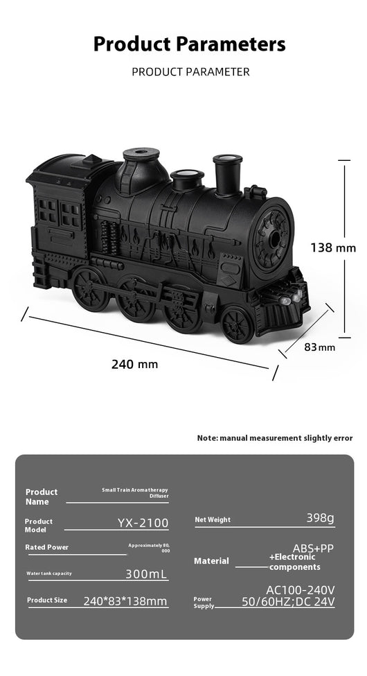 Black train-shaped essential oil diffuser and humidifier with retro design, emitting mist and glowing lights. - Image 8