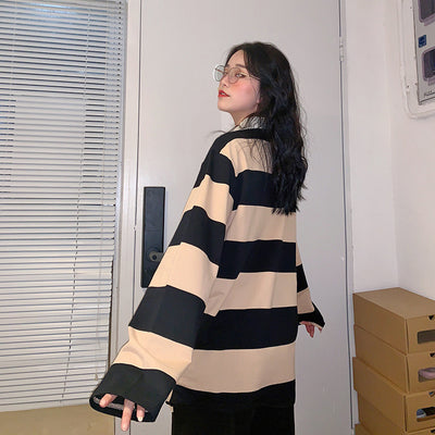 Suéter Rayas con Solapa Cuello Camiseta Manga Larga Hombre - Image 4