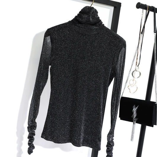 Blusa Coreana de Cuello Alto en Seda Brillante con Mangas Largas para Mujer - Image 11