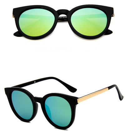 Black vintage square sunglasses for women with round blue mirrored lenses and gold-tone temple accents. - Image 7