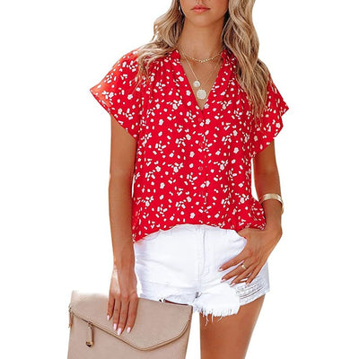 Blusa Estampada de Gasa Manga Corta Cuello en V - Image 5