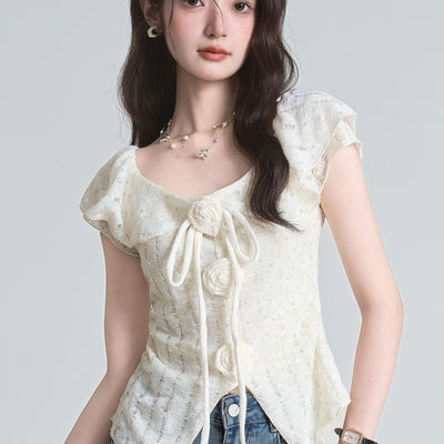 Blusa Floral Tridimensional Estilo Francés Manga Corta - Image 5