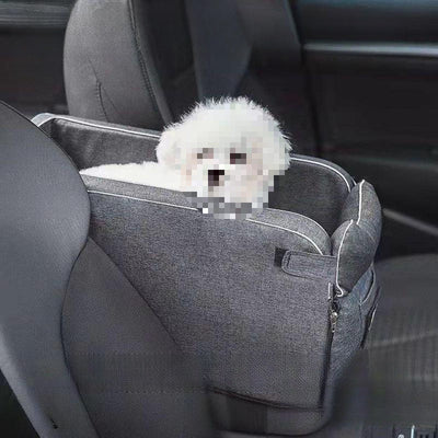 Gray portable car kennel for small dogs with black handles, featuring a side pocket and visible dimensions. - Image 6