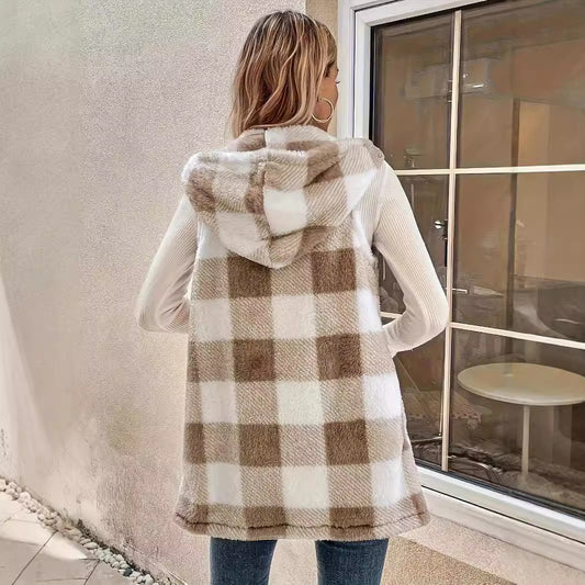 Cardigan Elegante Bicolor a Cuadros con Capucha y Textura Suave para Mujer - Image 2