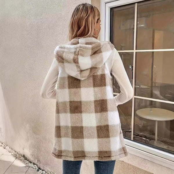 Cardigan Elegante Bicolor a Cuadros con Capucha y Textura Suave para Mujer