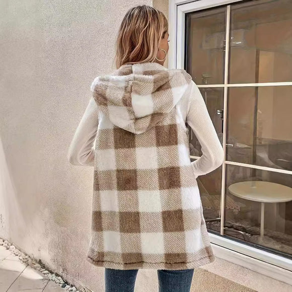 Cardigã Elegante Bicolor Xadrez com Capuz e Textura Suave para Mulheres