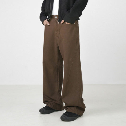Pantalones Rectos de Algodón Lavado Estilo Retro en Marrón