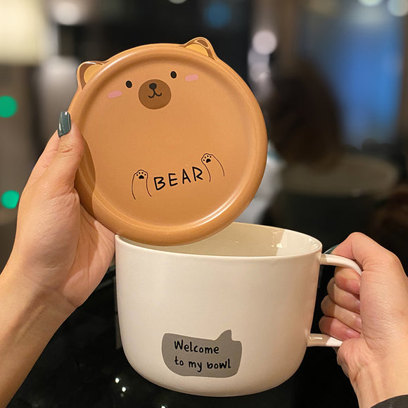 Tazón para Fideos de Cerámica con Asa - Diseño Infantil Adorable Gran Capacidad