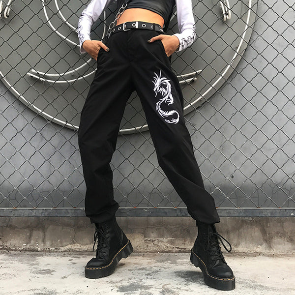 Pantalones Casuales Mujer Estilo Chino con Bordado de Dragón