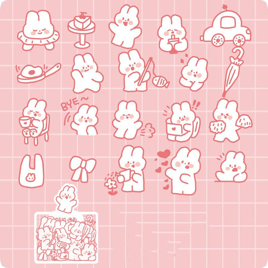 40-piece pack of cute white bunny PET stickers with pink outlines, showing the bunny in various activities like driving, fishing, and holding flowers, on a pink - Image 15