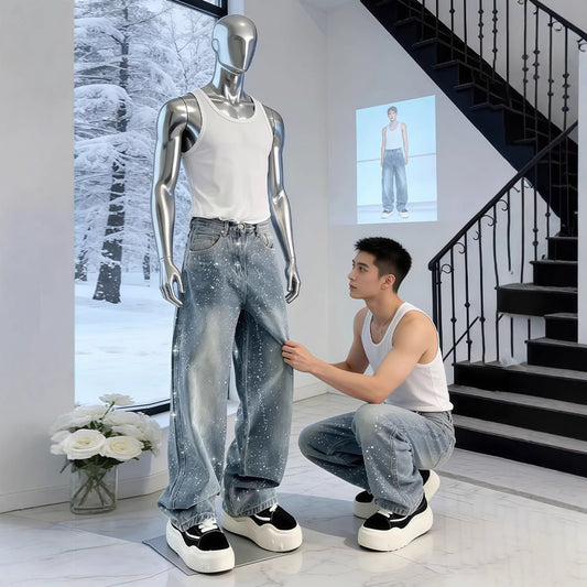 Pantalones Rectos Hombre con Detalles de Piedras - Corte Amplio