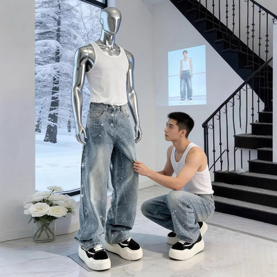 Pantalones Rectos Hombre con Detalles de Piedras - Corte Amplio