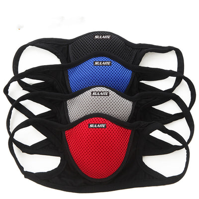 SULAITE face masks in black, red, grey, and blue, featuring a breathable mesh panel and ear loops. - Image 3