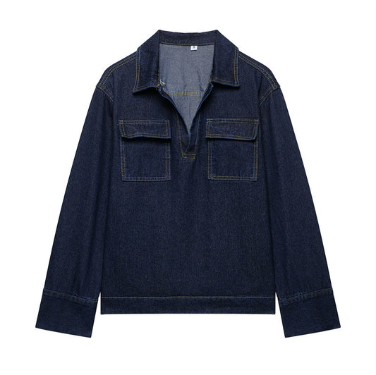Conjunto Denim Vintage Azul Suelto - Camisa Manga Larga y Pantalón - Image 2