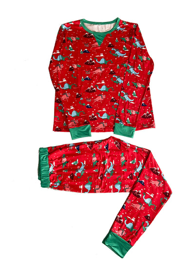 Red long-sleeved men's pajama set with a festive dinosaur and Christmas tree print, featuring green cuffs. - Image 20