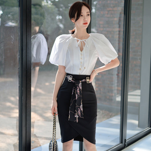 Conjunto Elegante Blusa Manga Abullonada y Falda Cintura Alta con Cordones - Image 3