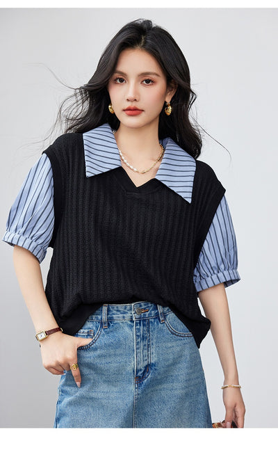 Blusa Esbeltecedora de Dos Piezas con Rayas y Mangas Puff - Image 12