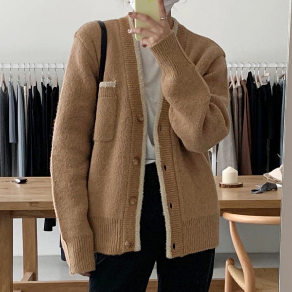 Cardigan Suelto con Cuello en V y Contraste de Colores para Mujer