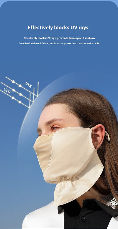 Pink chiffon sun mask with ear hooks, ruffled bottom, and mesh panel for UV protection. - Image 10