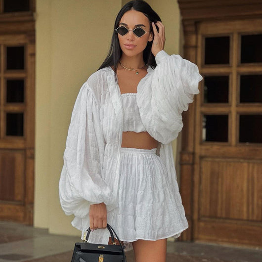 Conjunto de 3 Piezas: Blusa Suelta Manga Larga, Short Cintura Alta - Image 16