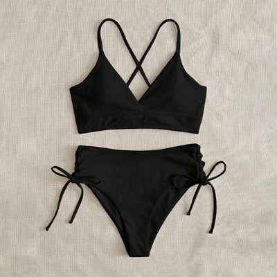 Light green ribbed bikini set with a V-neck bralette top and high-waisted bottoms featuring side tie details. - Image 5