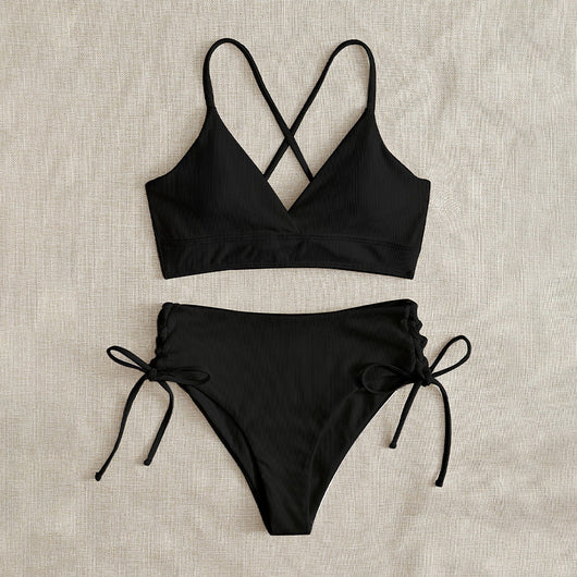 Light green ribbed bikini set with a V-neck bralette top and high-waisted bottoms featuring side tie details. - Image 5