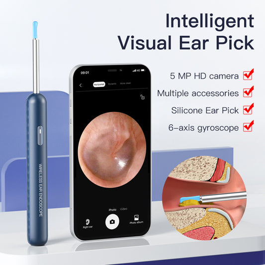 Blue wireless ear endoscope with camera, displaying an ear canal view on a smartphone, with various silicone ear spoon heads, charging cable, and storage jar.