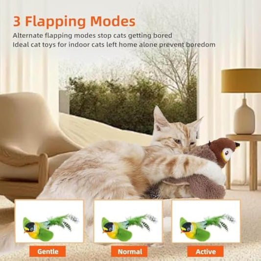 Colorful bird cat toy with green fluffy wings, black head, yellow face, orange beak, and spotted tail feathers. - Image 2