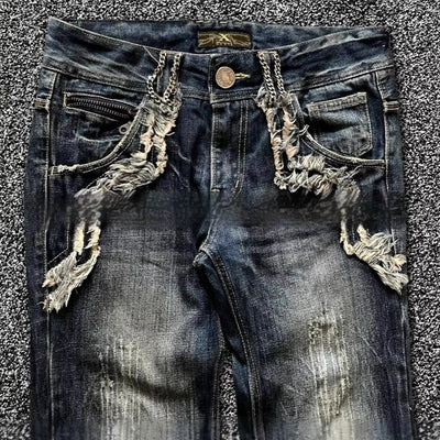 Pantalones Acampanados Denim Vintage con Bordados - Estilo Retro Lavado - Image 4