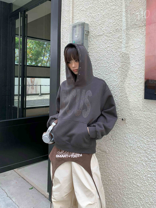 Sudadera Corta con Capucha y Letras de Cristales para Parejas - Image 2