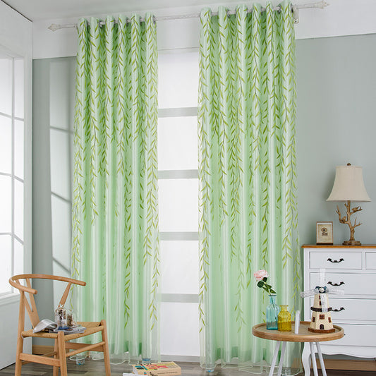Light green sheer curtains with a delicate willow leaf print, hung on a window rod in a bright room. - Image 2