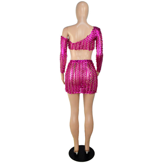 Black net hole hollow-out two-piece set with one-shoulder long-sleeve crop top and matching mini skirt. - Image 20