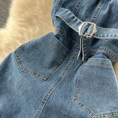 Pantalón Palazzo Denim de Cintura Alta con Top Tubo para Primavera y Verano - Image 15