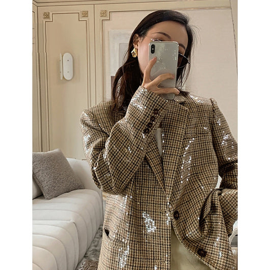 Blazer Cuadrille con Lentejuelas - Saco Retro Británico Oversized para Mujer - Image 10
